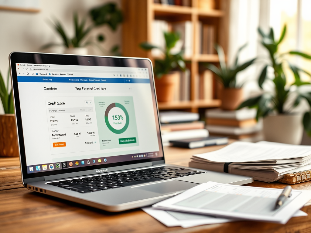 Ноутбук на столе с открытой страницей о кредитном Score, вокруг — бумага и офисные принадлежности.