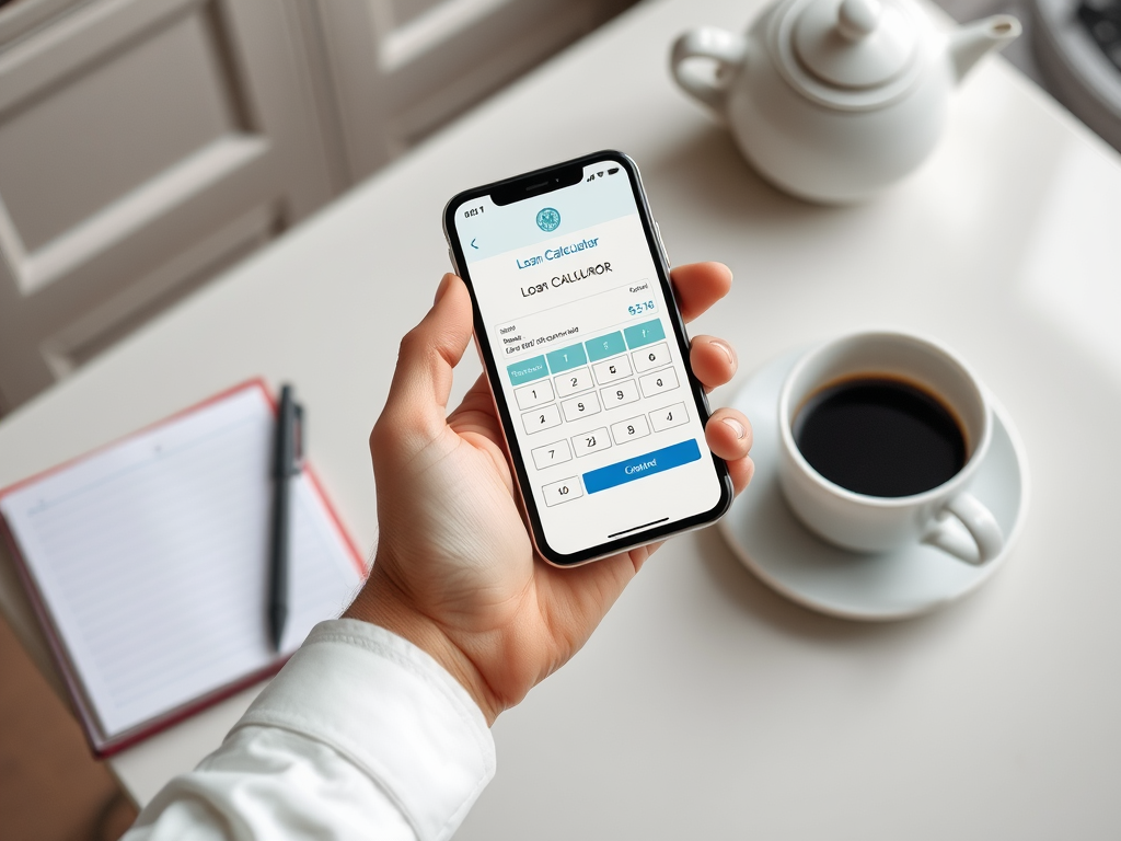 На изображении телефон с калькулятором займа и чашка кофе на столе рядом с блокнотом и ручкой.